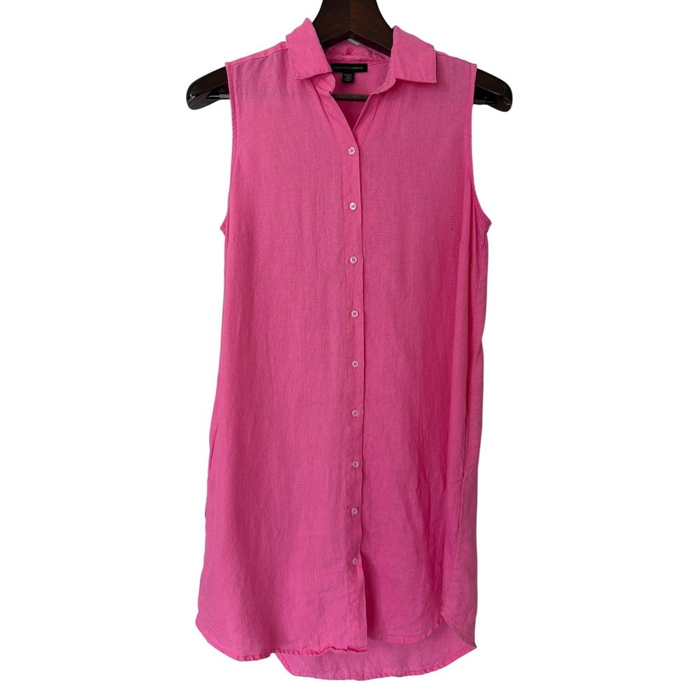 Saks Fifth Avenue Womens Pink 100% Linen Sleeveless Button Down Shirt Dress L